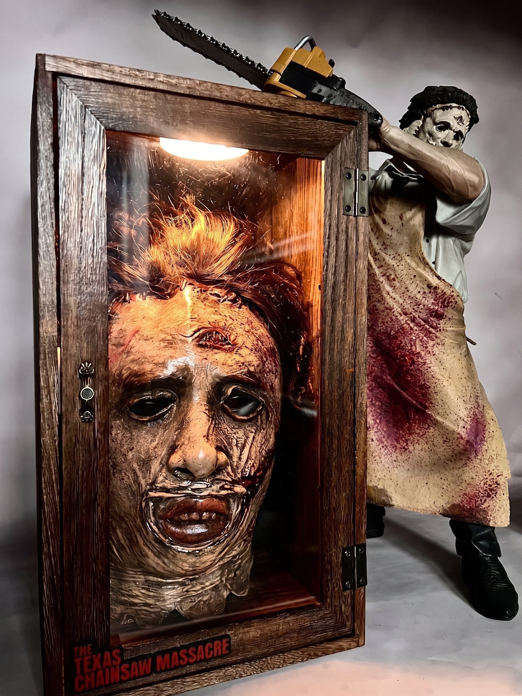 Handmade Horror Movie Inspired Prop Mask Head Bust Sculpture, Charred Wood LED Light Up Display, Gothic Decor Collector Gift