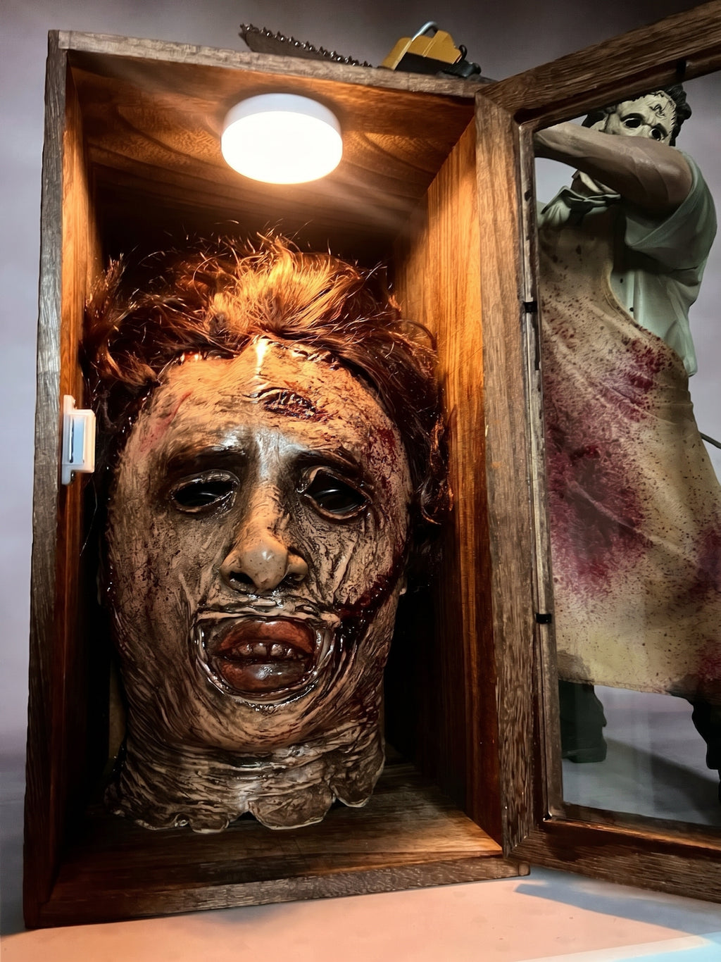 Handmade Horror Movie Inspired Prop Mask Head Bust Sculpture, Charred Wood LED Light Up Display, Gothic Decor Collector Gift