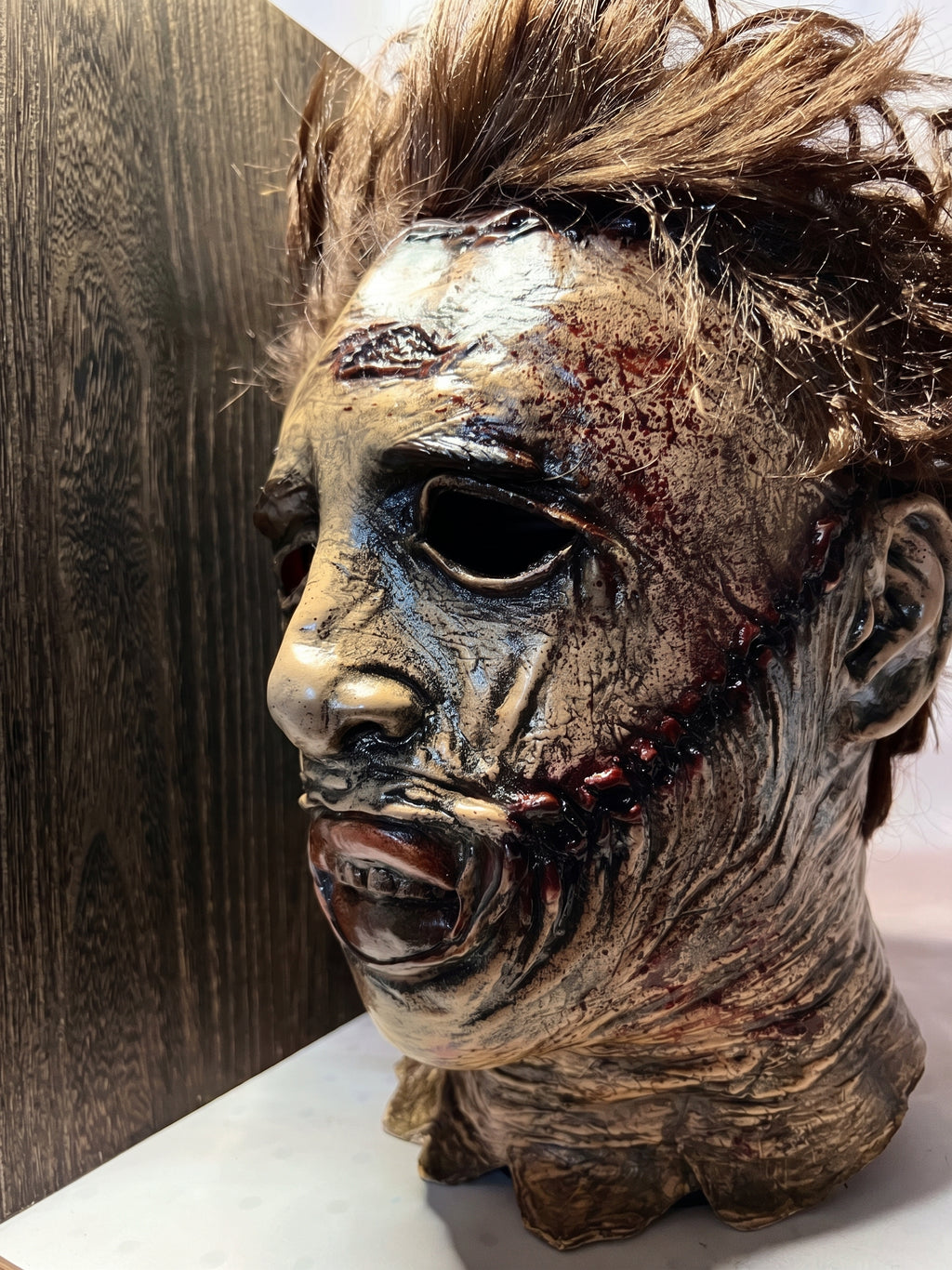 Handmade Horror Movie Inspired Prop Mask Head Bust Sculpture, Charred Wood LED Light Up Display, Gothic Decor Collector Gift