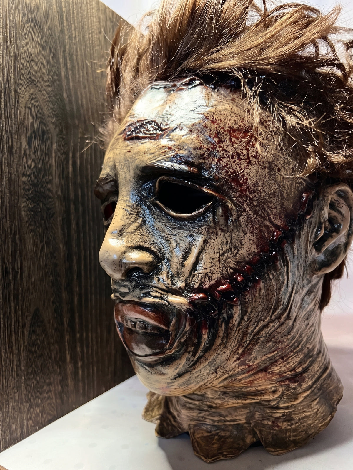 Handmade Horror Movie Inspired Prop Mask Head Bust Sculpture, Charred Wood LED Light Up Display, Gothic Decor Collector Gift